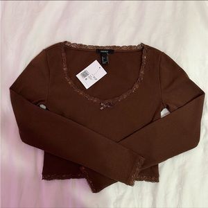 Brown bow lace coquette long sleeve top NWT